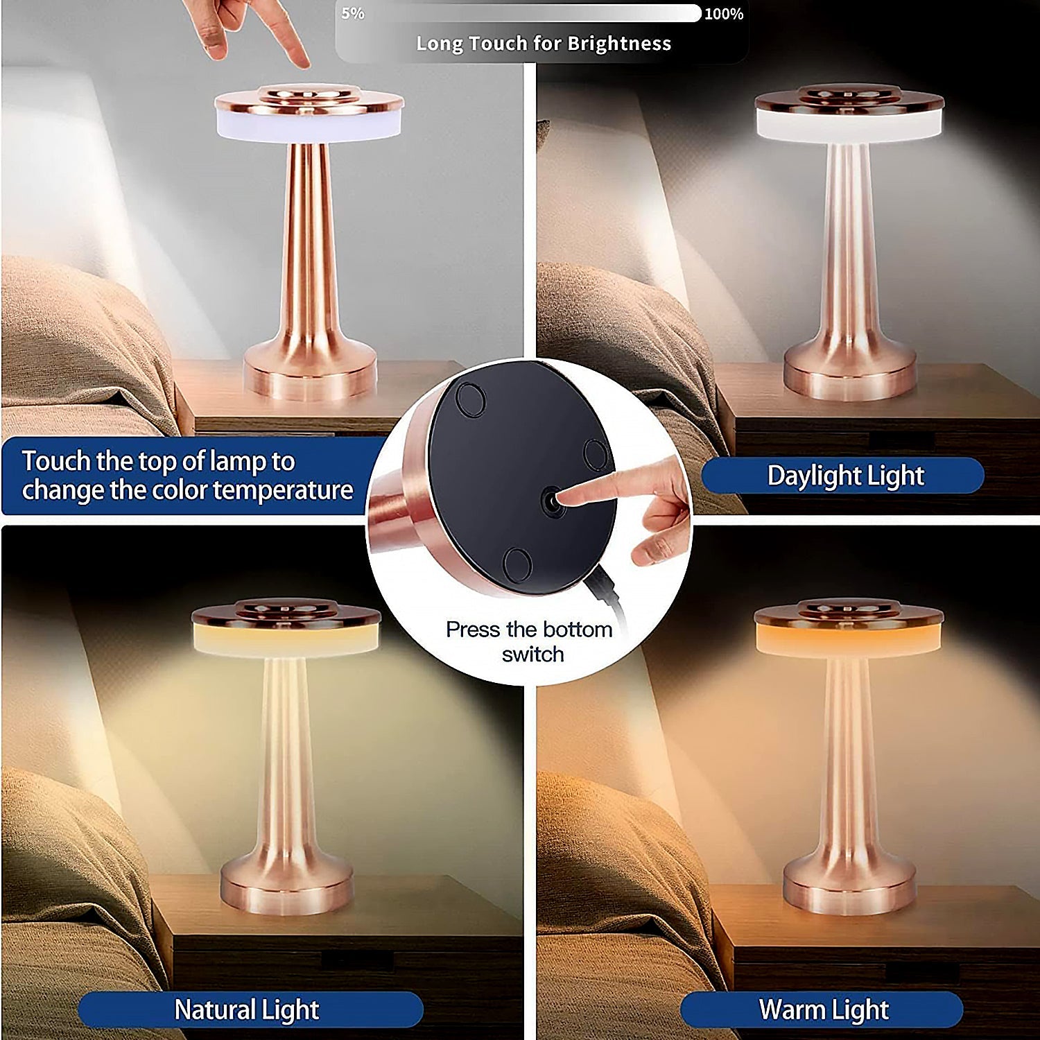 Touch LED Metal Desk Lamp – USB Rechargeable, 3 Colors/Brightness Levels, Dimmable Eye Protection (1 Pc)